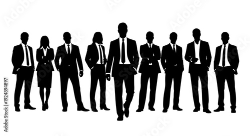 A group of business professionals standing in a line, with one man in the center walking forward.