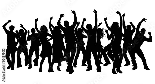 A dynamic silhouette of a diverse group of people dancing energetically with their arms raised in celebration.