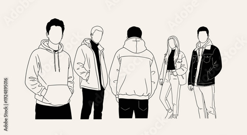 Minimalist line art illustration of diverse individuals showcasing various outerwear styles against a neutral background.