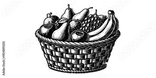 Hand drawn basket of fruits with apples, bananas, grapes, pears, and oranges in vintage style