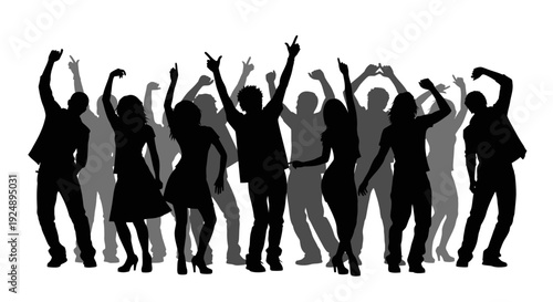 A diverse group of people dancing and celebrating with their hands in the air.