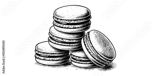 Vintage engraving style black and white macarons pile