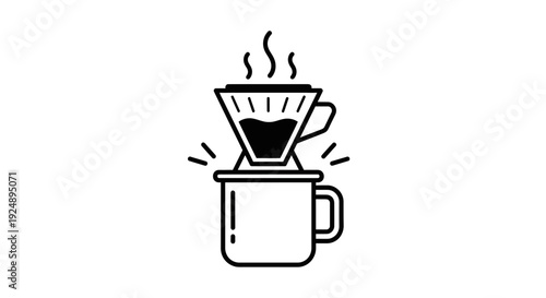 Pour Over Coffee Brewing Icon: Hot Coffee Dripping into Mug, Minimalist Line Art