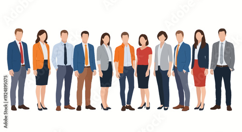A diverse group of eleven professionals standing in a line, showcasing a variety of business attire and styles.