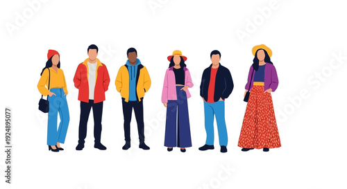 A diverse group of six young adults, dressed in colorful and fashionable modern clothing, stand together against a white background.
