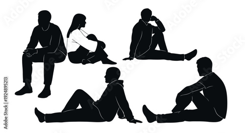 Silhouettes of five people in various casual sitting and reclining poses against a white background.