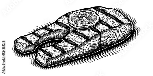 Hand-drawn salmon steak with citrus slice in vintage style