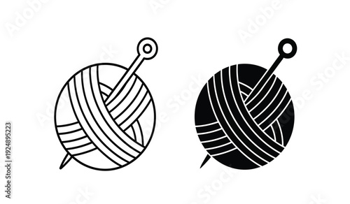 Black and white ball of yarn with knitting needle vector icons in line art style for craft and hobby concepts
