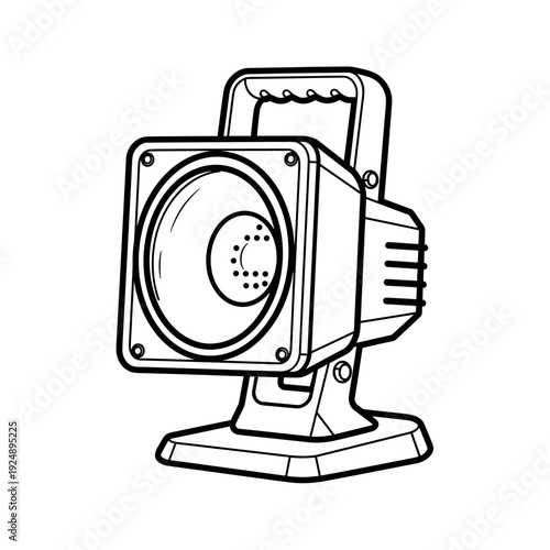Industrial portable work light vector illustration, heavy duty construction floodlight icon, black and white line art of a site searchlight