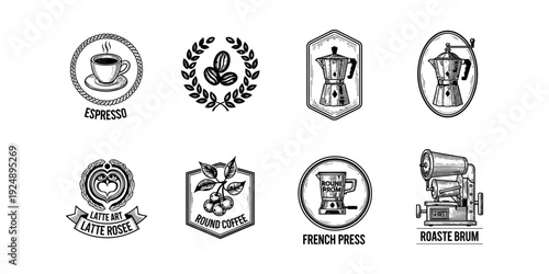 Vintage coffee emblems featuring espresso, latte art, and french press designs