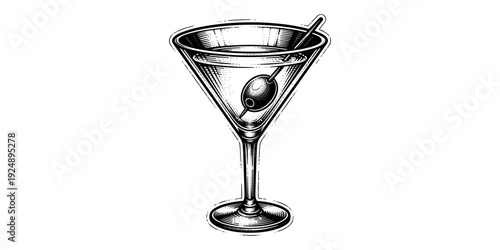 Intricate martini glass with olive in vintage ink style