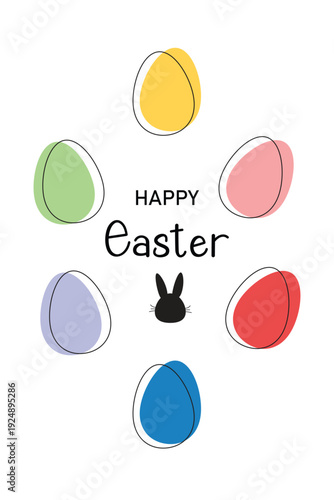 Happy Easter greeting card with colorful pastel eggs and cute bunny silhouette