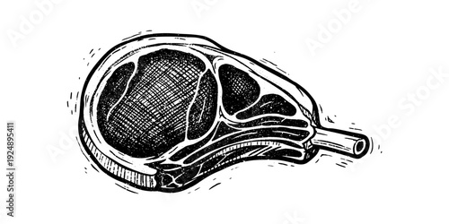 Hand drawn vintage ribeye steak in black and white with detailed textures