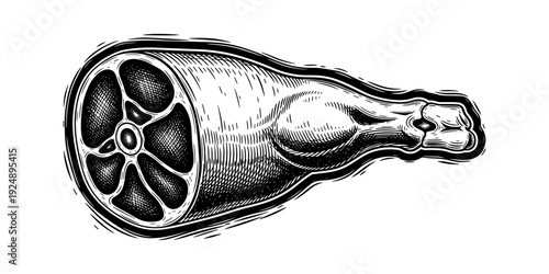 Detailed black and white engraving of meat cut with bone in vintage style