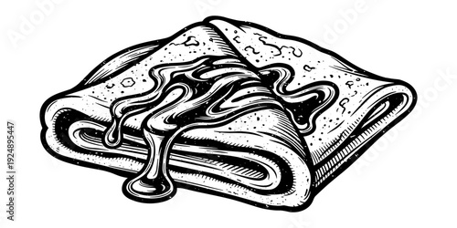 Delicious pancake drizzled with syrup in intricate hand-drawn style