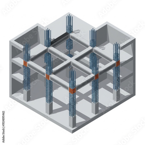 3D rendering of a reinforced concrete building structure with columns and beams.