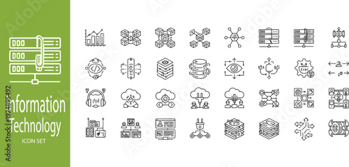 Advanced Information Technology and Hardware Icon Set: Smart Chip, Processor, CPU, and Data Infrastructure Symbols