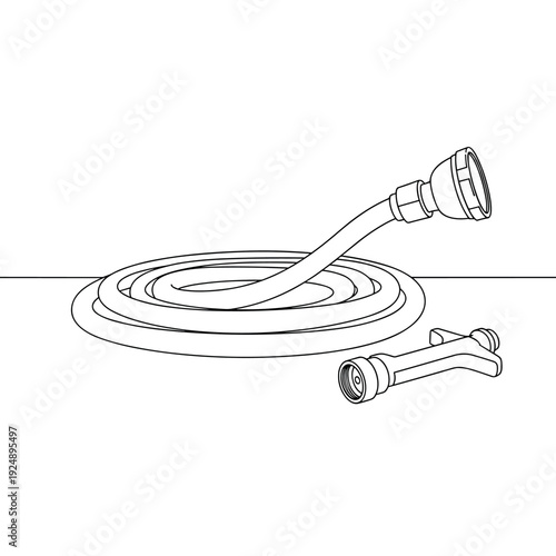 Minimalist garden hose line art, coiled watering hose with spray nozzle attachment, black and white outline vector for gardening and landscaping