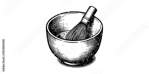 Vintage look ink sketch of traditional matcha tea bowl and whisk