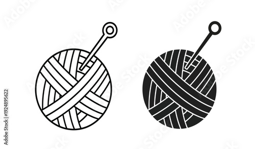 Black and white illustration of two yarn balls with knitting needles on a pure