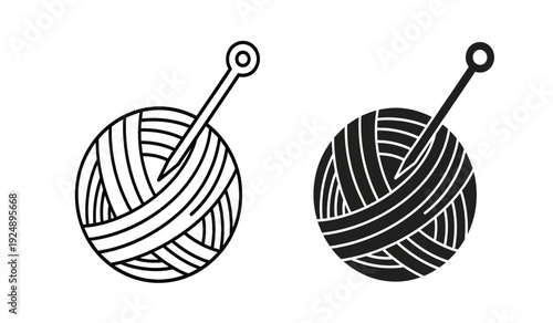 Two black and white illustrations of yarn balls with crochet hooks