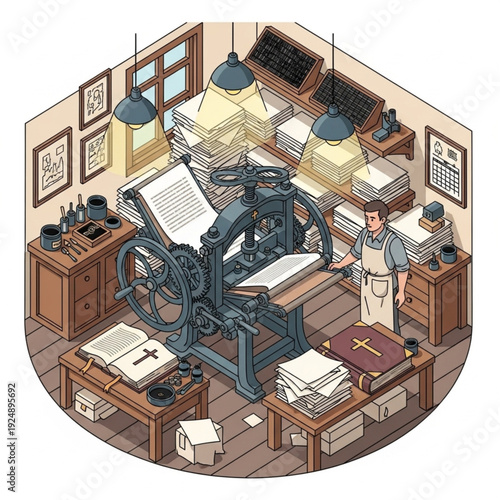 Vintage Printing Press Office with Worker.