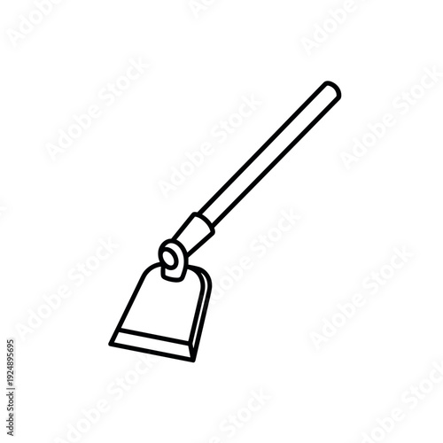 Minimalist garden hoe vector icon, simple black line art of agricultural hand tool, manual farming equipment for soil cultivation and weeding