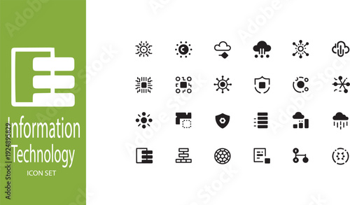 Advanced Information Technology and Cloud Computing Icon Set: Solid Circuit, AI Chip, and Data Infrastructure Symbols