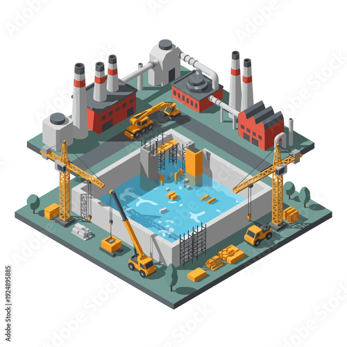 Isometric illustration of an industrial construction site with cranes and buildings.