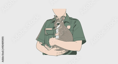 Park Ranger Holding a Small Kangaroo or Wallaby in Arms, Wildlife Conservation Concept