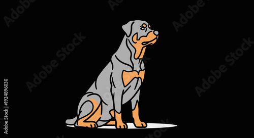Rottweiler dog sitting attentively, vector illustration, black background