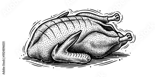 Hand drawn roast turkey engraving for culinary art and vintage design
