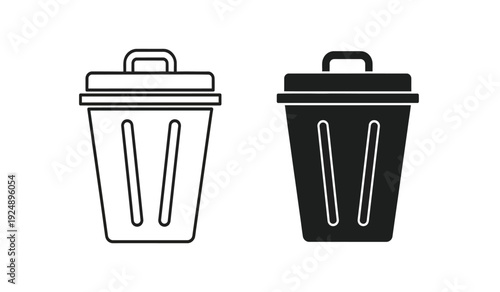 Black and white line icons of trash cans with lids and handles