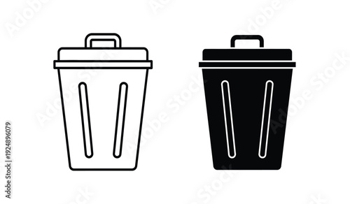 Two trash cans in black and white line art style with handles on top