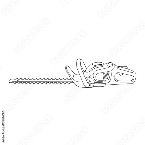 Electric hedge trimmer line art vector, cordless garden power tool illustration, professional landscaping equipment outline, garden maintenance icon