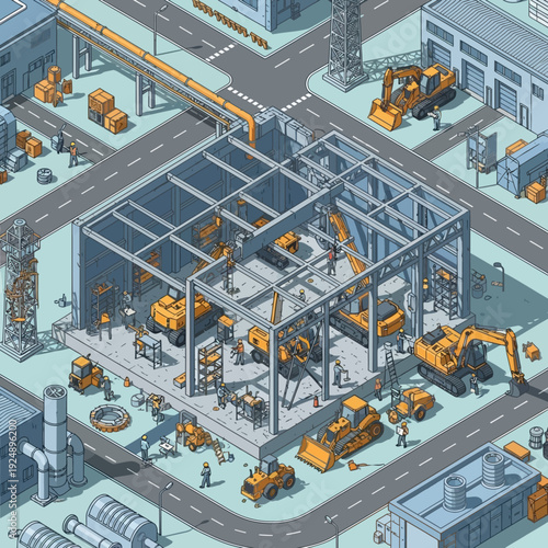 Industrial construction site with machinery and workers.