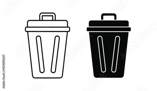 Black and white trash can icons with lids and handles side by side on a clean simple background