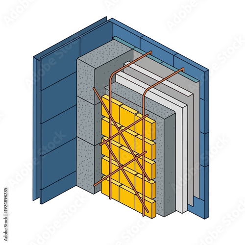 Cross-section of a wall with insulation and multiple layers.