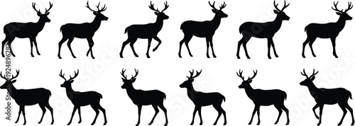 Collection of black deer silhouettes in various poses, suitable for graphic design and nature themes.