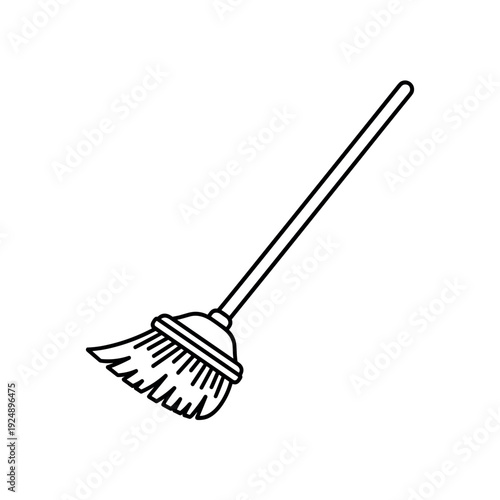 Minimalist broom icon vector, black and white cleaning tool illustration, household sweeping equipment line art for housekeeping and hygiene