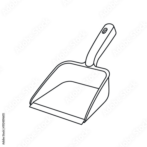 Minimalist dustpan vector icon, black and white household cleaning tool illustration, plastic hand shovel for sweeping and waste disposal