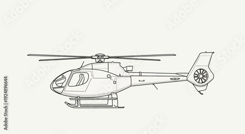 Line Art Helicopter Drawing, Side View, White Background, Aviation Vehicle Sketch