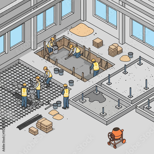 Construction workers laying tiles in a large industrial building.