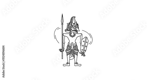 Indonesian Wayang Kulit Warrior with Spear and Shield, Traditional Art