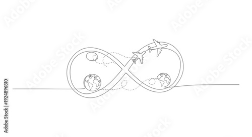 Infinite Travel Concept: Airplane Circling Earth in Infinity Symbol