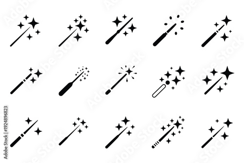 Magic AI Wand Icons with Sparkle Stars, vector illustration set featuring glowing wands, artificial intelligence and fantasy editor tools, fairytale miracle wizard sticks, sparkles, and isolated 