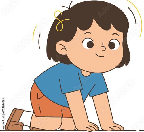 Cute cartoon baby girl crawling on the floor, wearing a blue shirt and orange shorts with a small hair clip.