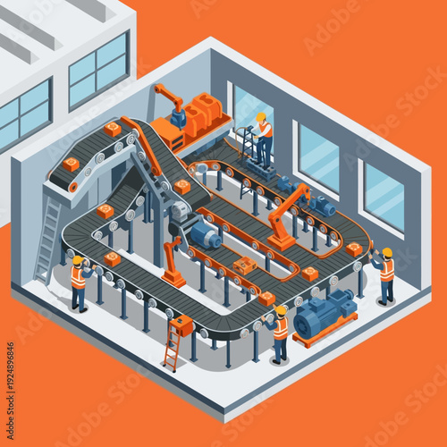 Isometric illustration of a modern industrial factory with workers and machinery.