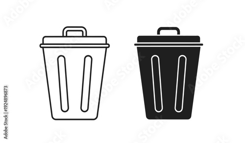 Black and white line icons of trash cans with lids and handles