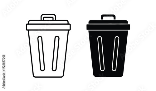 Two trash cans in black and white colors with handles on top for waste management and recycling purposes in a simple design